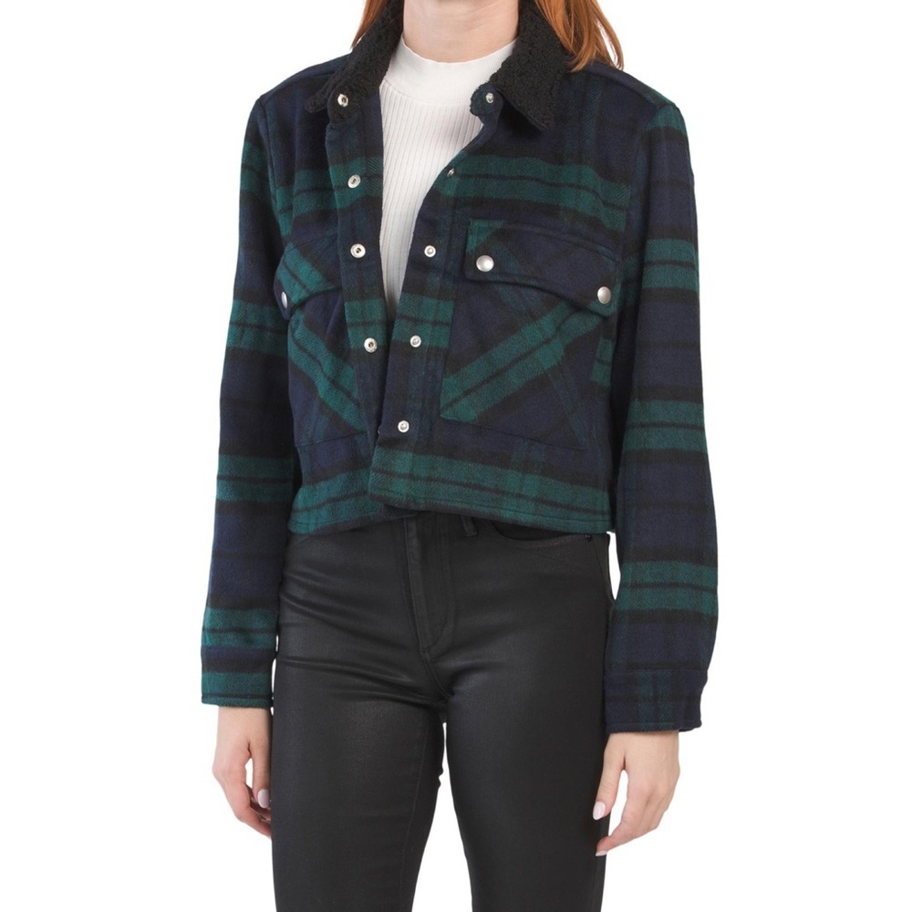 Blank NYC Navy and Green Cropped Plaid Jacket Shacket